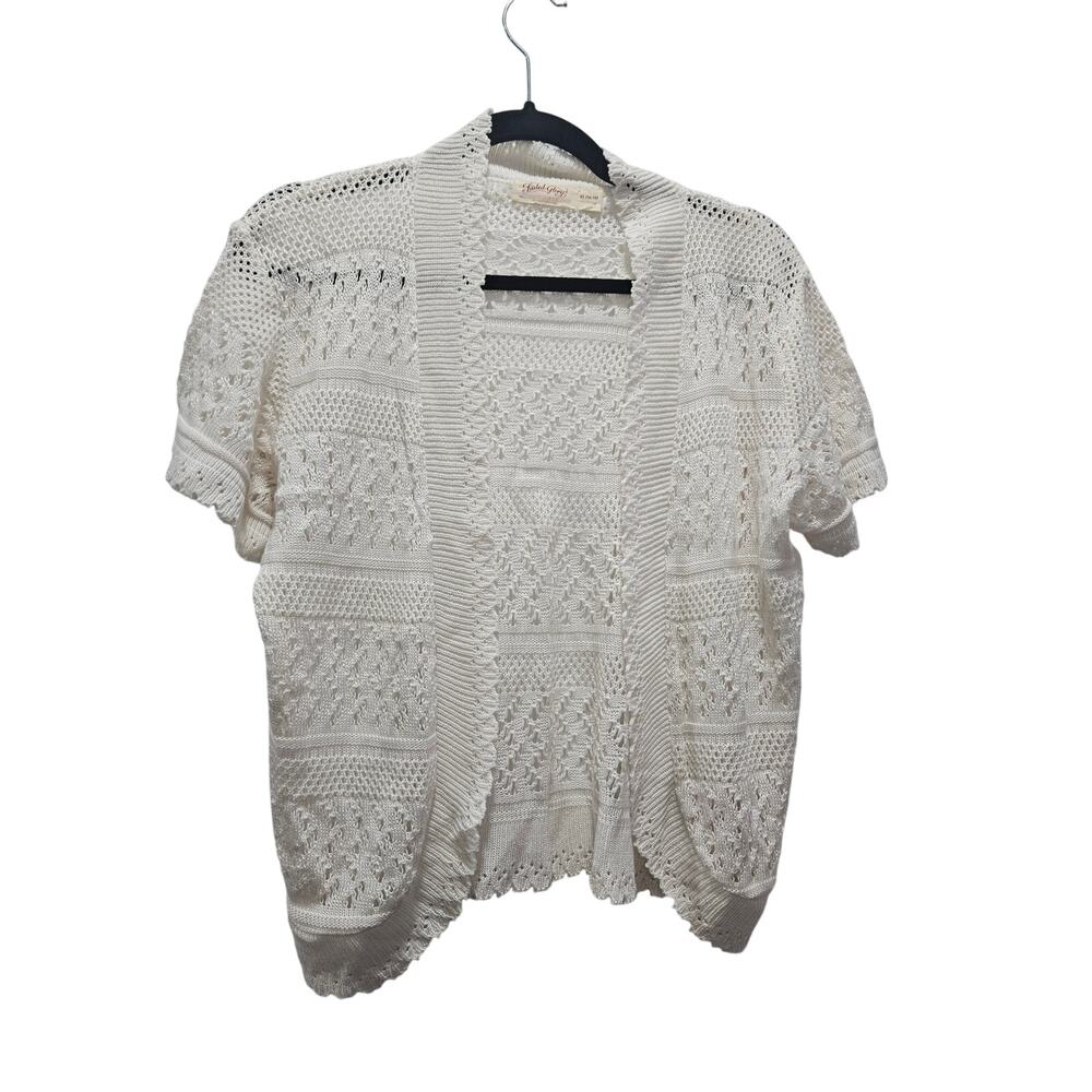 Faded Glory Y2K Short Sleeve Open Knit Crochet Cardigan XL 16-18 Ivory Boho